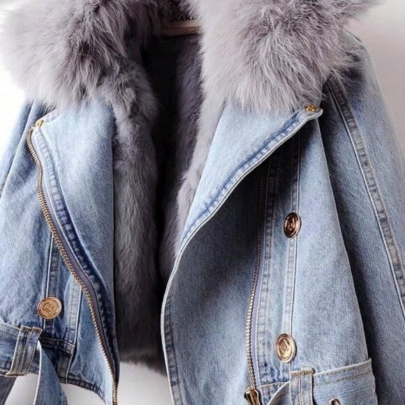 Blue Casual Women's Detachable Faux Rabbit fur Denim Parka Jacket - Picture 6 of 9